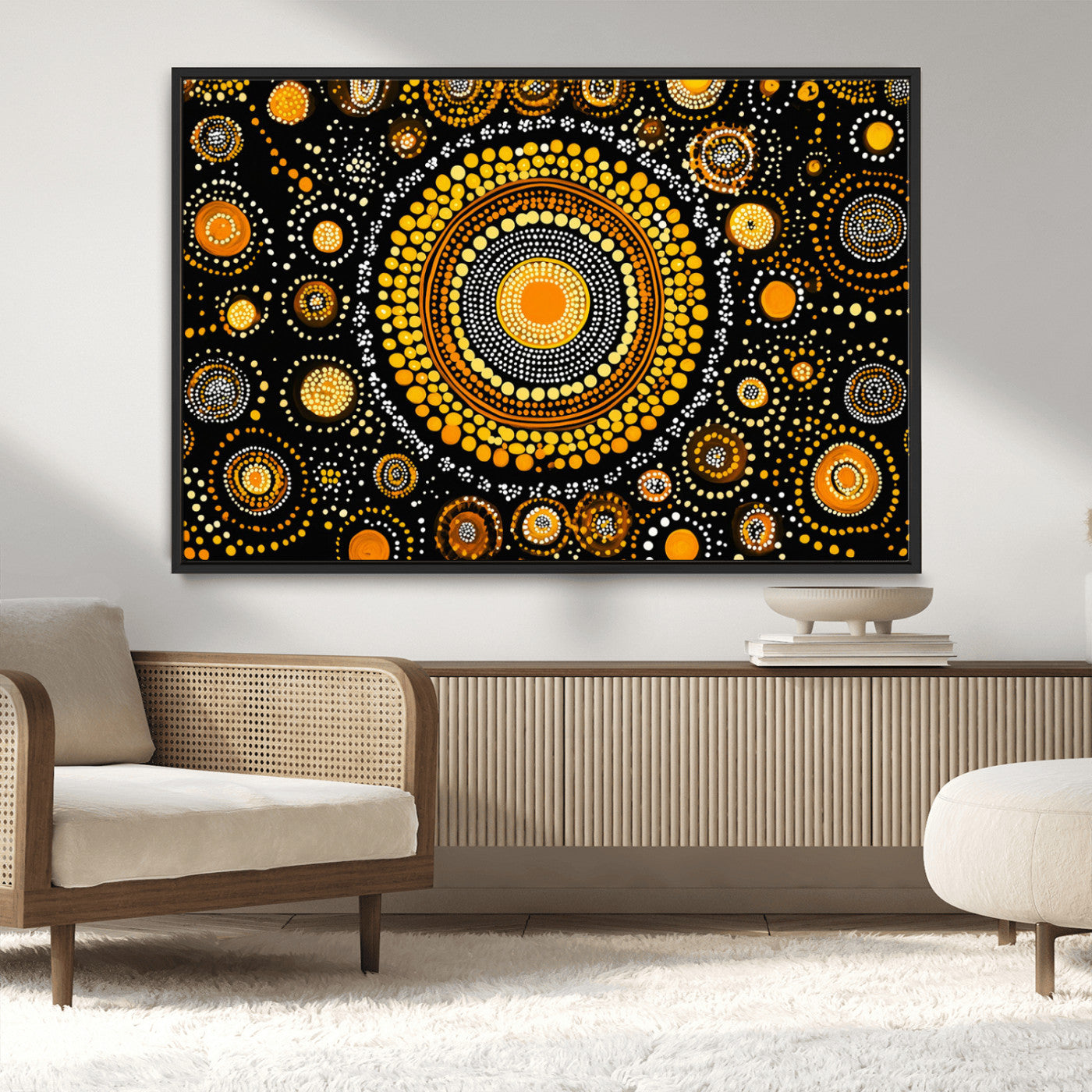 45478523-MGV-CV-36X24-Abstract Circle Wall Art – Bold Black and Gold Dot Painting Canvas Print, Modern Geometric Mandala Style Decor for Living Room or