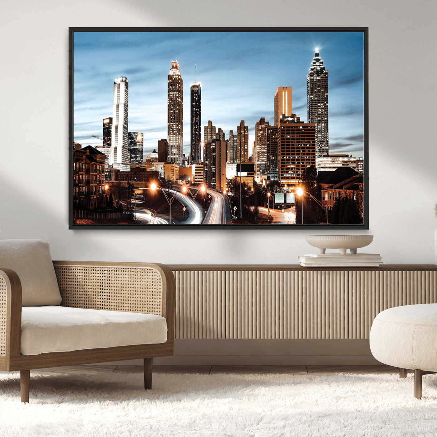 23859158-MGV-CV-36X24-Atlanta Skyline Wall Art – Modern Cityscape Canvas Print with Night Lights and Traffic Trails, Urban Decor for Office, Apartment,