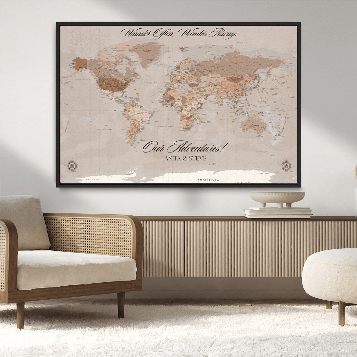 95243244-MGV-CV-36X24-Wander Often Wonder Always World Map Wall Art – Neutral Beige Adventure Canvas Print, Rustic Boho Travel Decor for Bedroom, Living