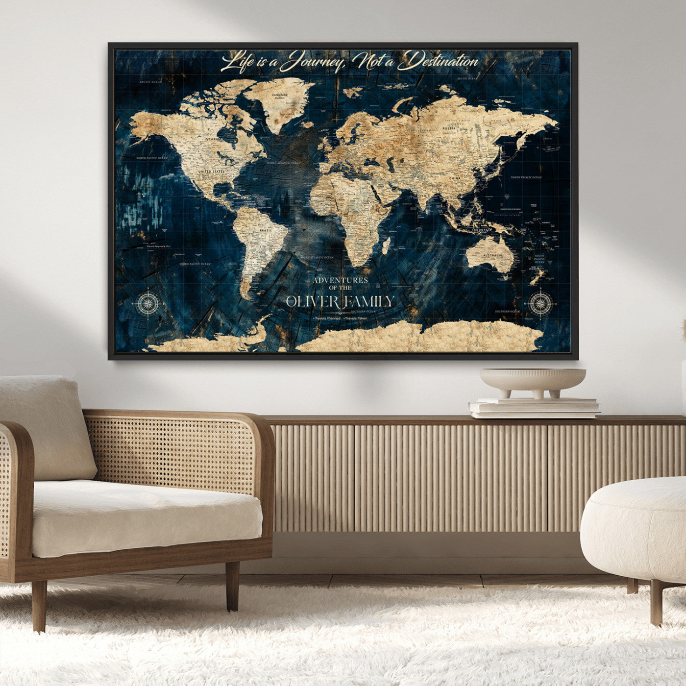 36970886-MGV-CV-36X24-Life is a Journey Not a Destination World Map Rustic Navy Beige Vintage Travel Wall Art Adventure Quote Canvas Print for Home