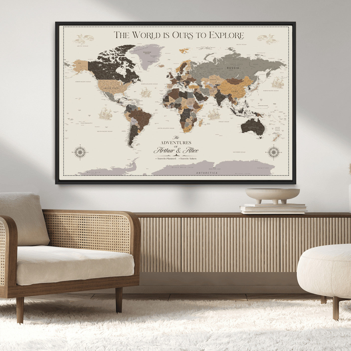 90024882-MGV-CV-36X24-The World is Ours to Explore Wall Art – Earth Tone World Map Canvas Print, Adventure Travel Decor for Living Room, Office or