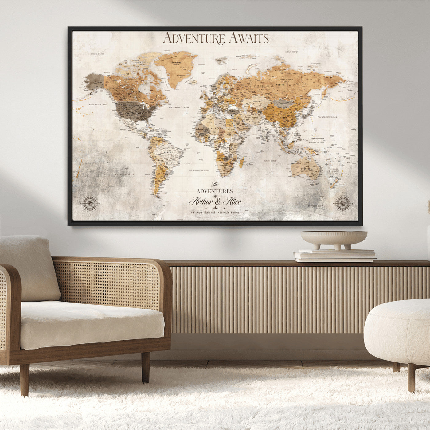 99422096-MGV-CV-36X24-Adventure Awaits World Map Wall Art – Neutral Beige Canvas Print, Modern Travel Inspired Wall Decor for Living Room, Bedroom or