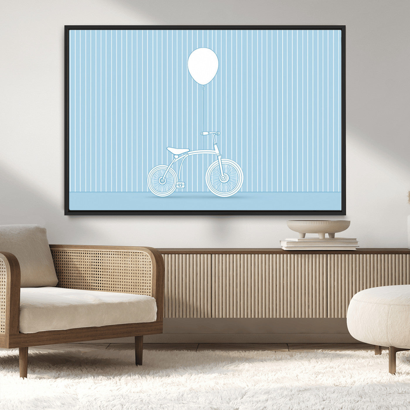 56479838-MGV-CV-36X24-Bicycle Wall Art – Minimalist Blue Canvas Print with Balloon Illustration, Modern Decor Artwork for Kids Room, Nursery, or Living