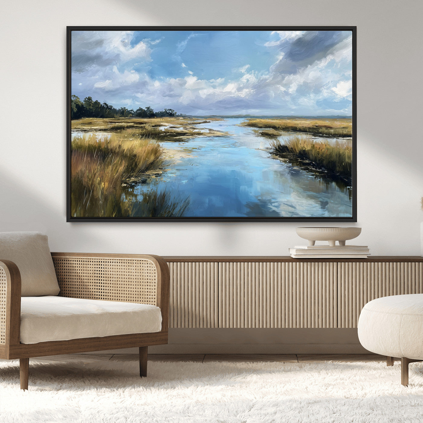 87082041-MGV-CV-36X24-Marshland Landscape Wall Art – Serene Nature Canvas Print with Blue Sky and Reflections, Tranquil Scenic Painting for Living Room,