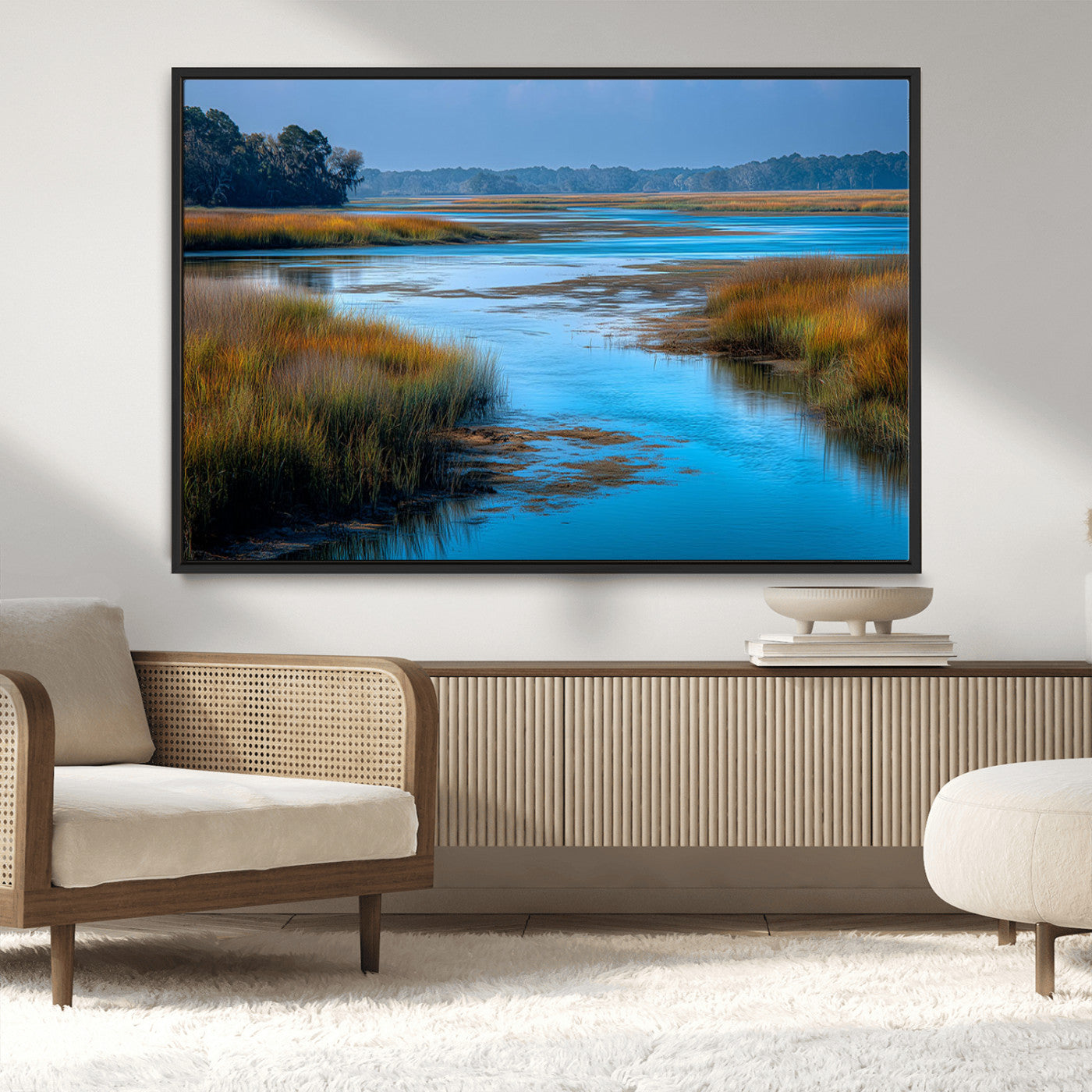 26300004-MGV-CV-36X24-Marshland Landscape Wall Art – Scenic Nature Canvas Print with Golden Grass and Blue Water, Peaceful River Photography for Living