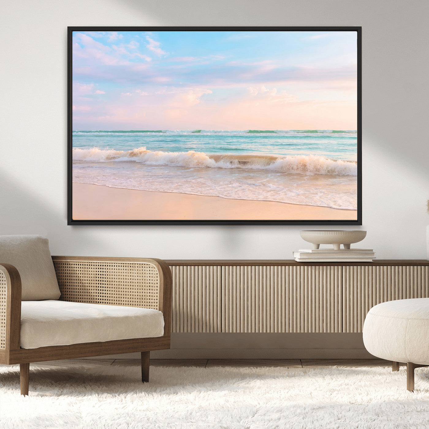 88024944-MGV-CV-36X24-Beach Landscape Wall Art – Coastal Ocean Canvas Print with Gentle Waves and Pastel Sky, Serene Seascape Photography for Living