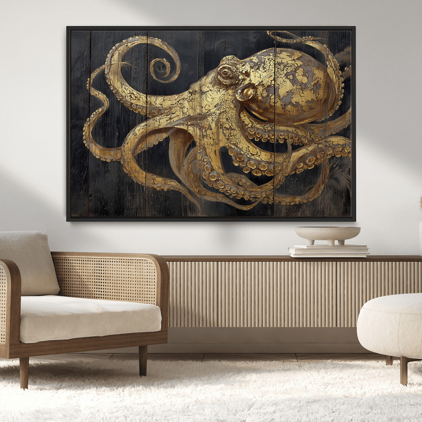 47056538-MGV-CV-36X24-Octopus Canvas Wall Art – Gold Detail, Wooden Texture, Marine Life, Ocean Creature Tentacles, Nautical Coastal Rustic Decor for