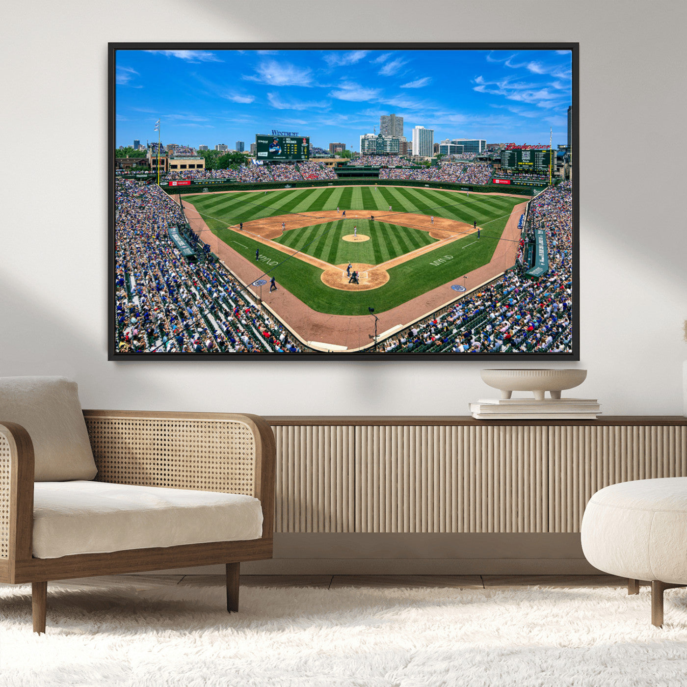 56213978-MGV-CV-36X24-Baseball Stadium Wall Art – Panoramic Ballpark Canvas Print with Fans, Green Field and City Skyline, Classic Sports Photography