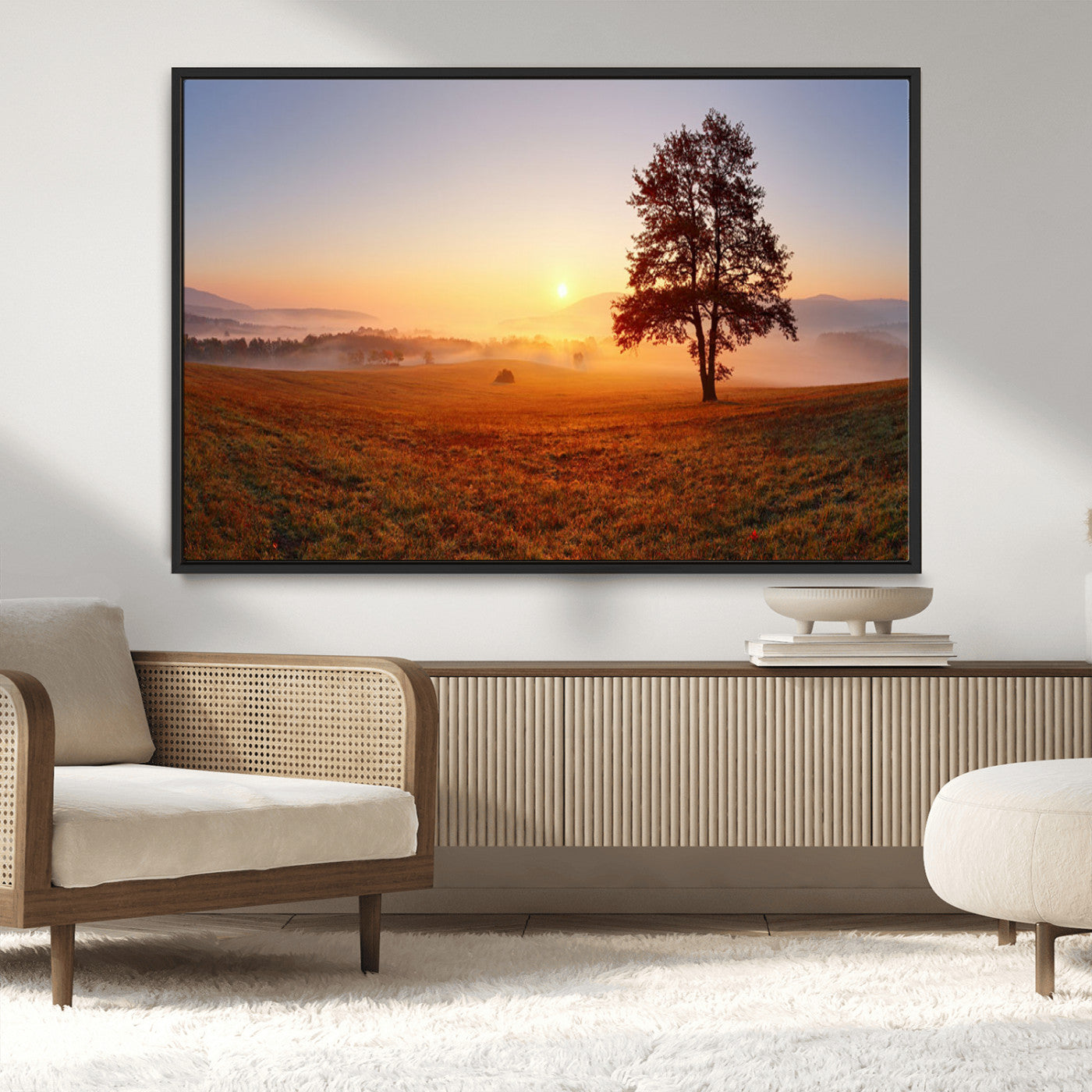 57919623-MGV-CV-36X24-Golden Sunrise Landscape Canvas Wall Art - Framed Misty Field Print, Large Nature Canvas for Living Room, Office, or Home Decor