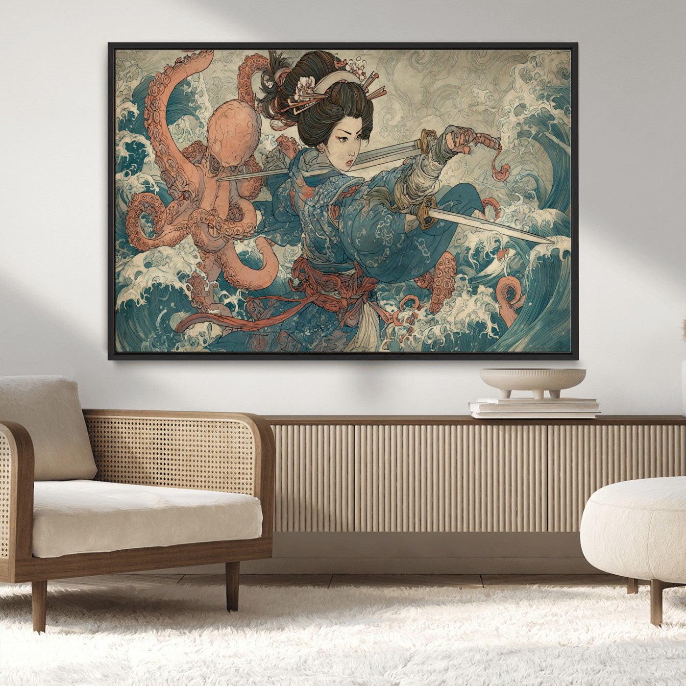 52037775-MGV-CV-36X24-Tsukioka Yoshitoshi Samurai Wall Art Print, Japanese Katana Warrior Canvas Wall Art, Octopus Sea Monster Canvas Print,
