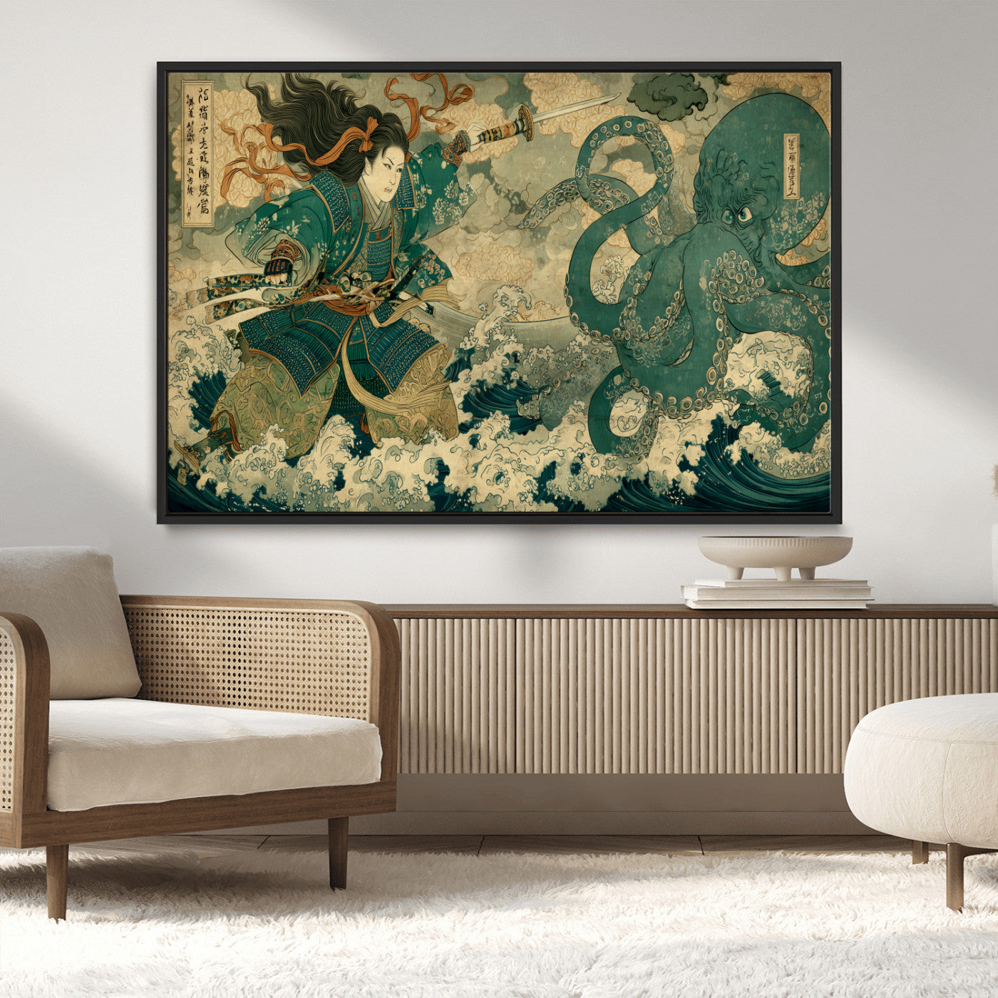 24416422-MGV-CV-36X24-Samurai vs Octopus Wall Art – Japanese Warrior Ocean Battle Canvas Print, Ukiyo e Inspired Decor for Home, Office, or Man Cave
