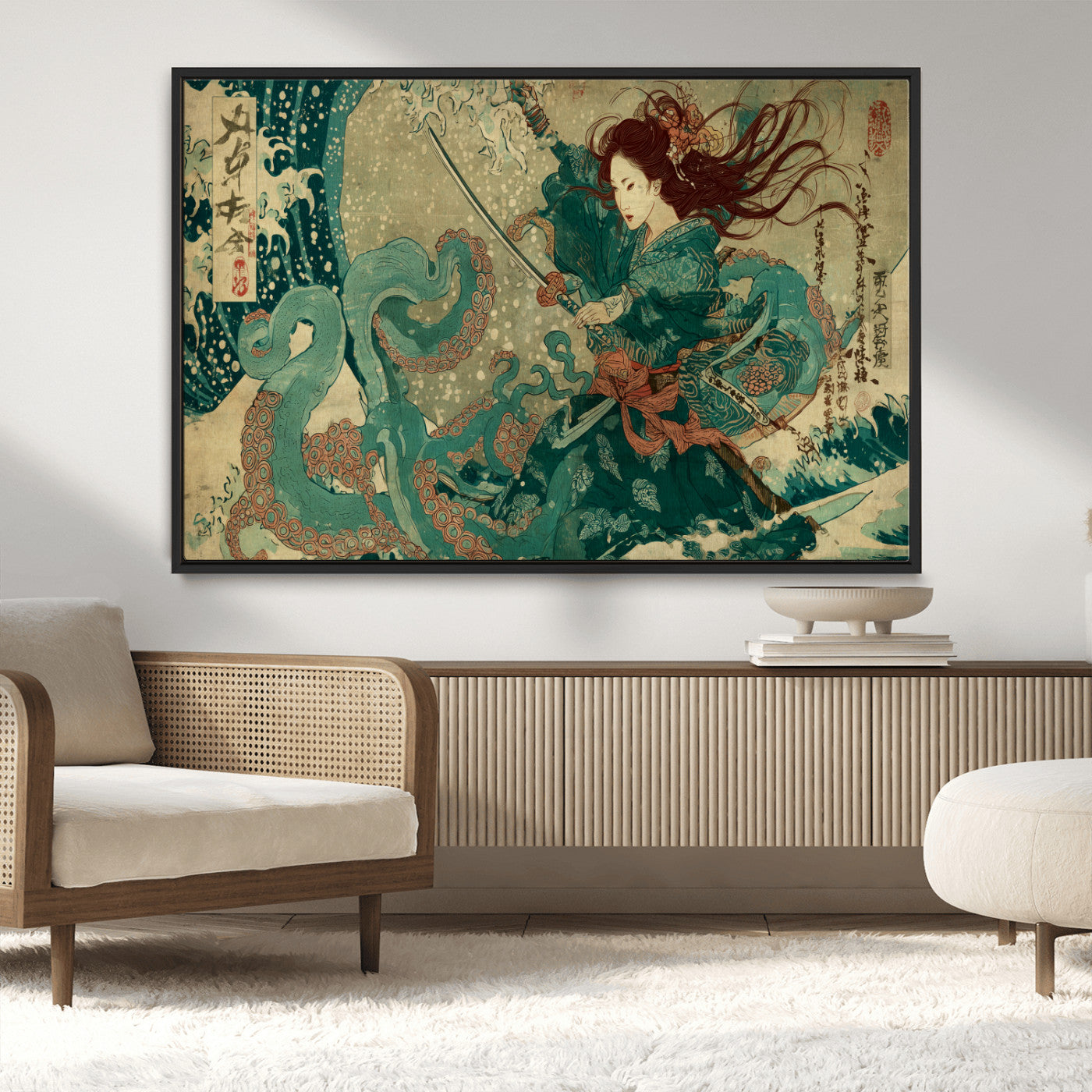 86918027-MGV-CV-36X24-Tsukioka Yoshitoshi Samurai Wall Art Print, Japanese Katana Warrior Canvas Wall Art, Octopus Sea Monster Canvas Print,