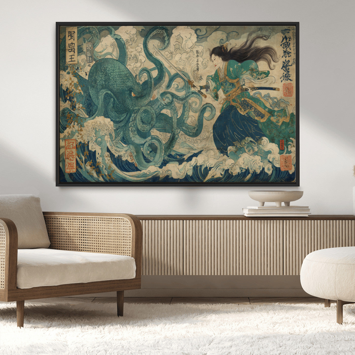 60346622-MGV-CV-36X24-Tsukioka Yoshitoshi Samurai Wall Art Print, Japanese Katana Warrior Canvas Wall Art, Octopus Sea Monster Canvas Print,