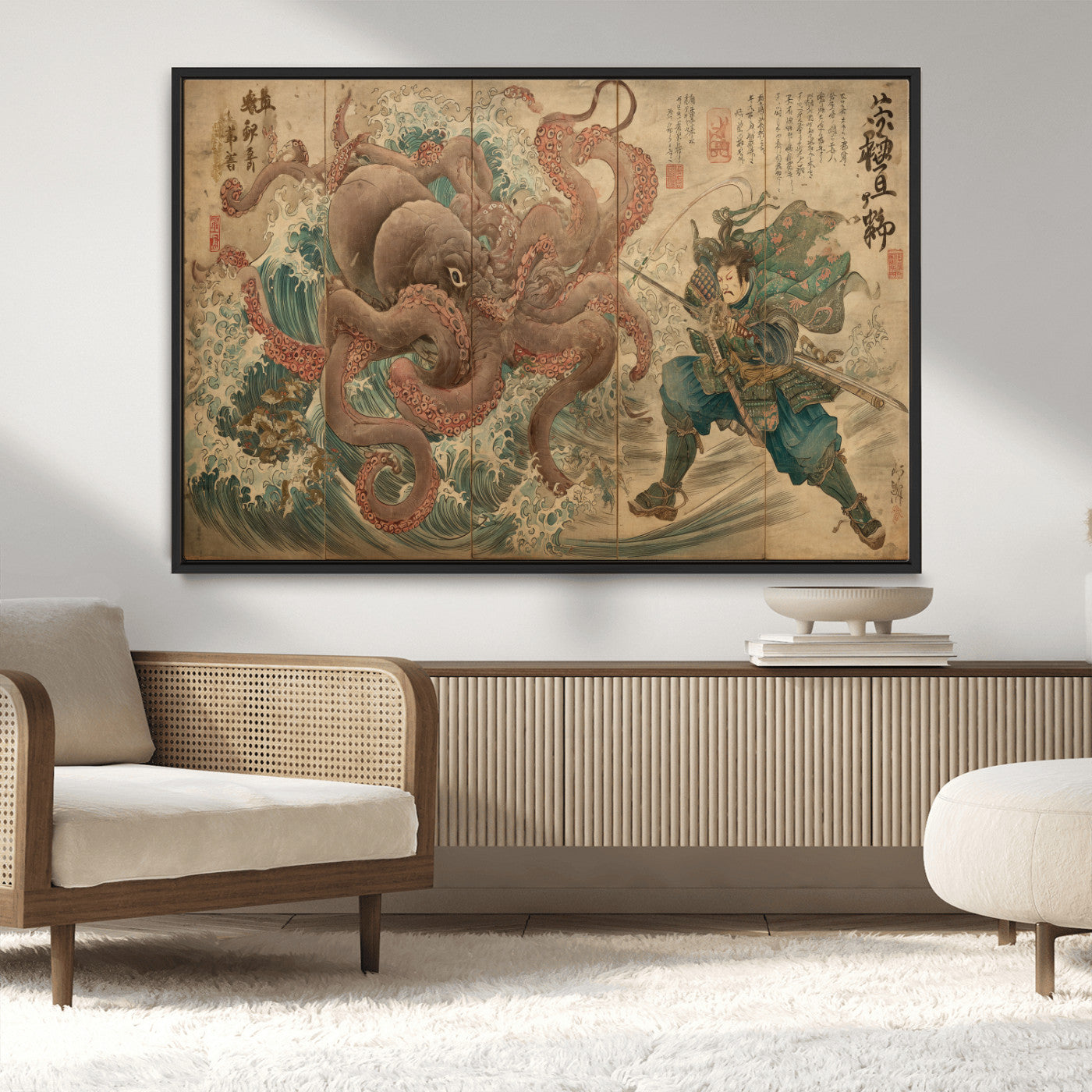 63782167-MGV-CV-36X24-Tsukioka Yoshitoshi Samurai Wall Art Print, Japanese Katana Warrior Canvas Wall Art, Octopus Sea Monster Canvas Print,