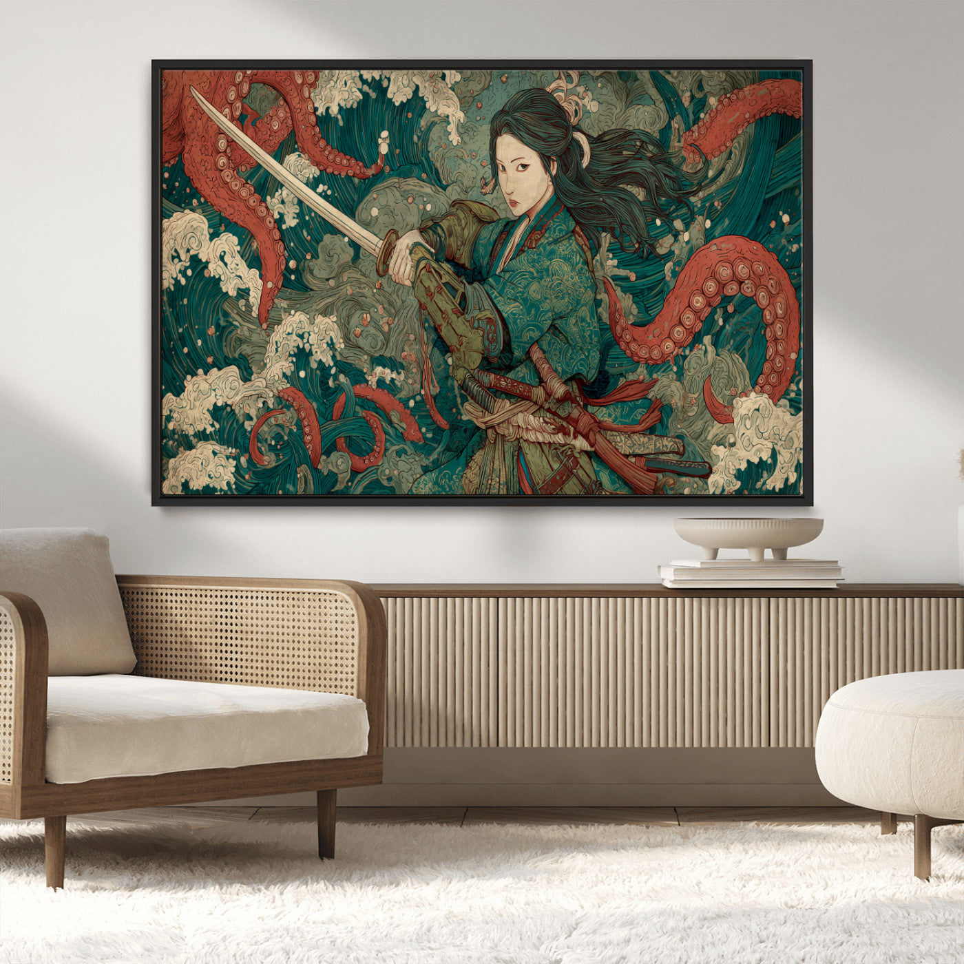 35461724-MGV-CV-36X24-Samurai Woman vs Octopus Wall Art – Japanese Ukiyo-e Ocean Waves Canvas Print, Red Tentacle Battle Artwork for Living Room,