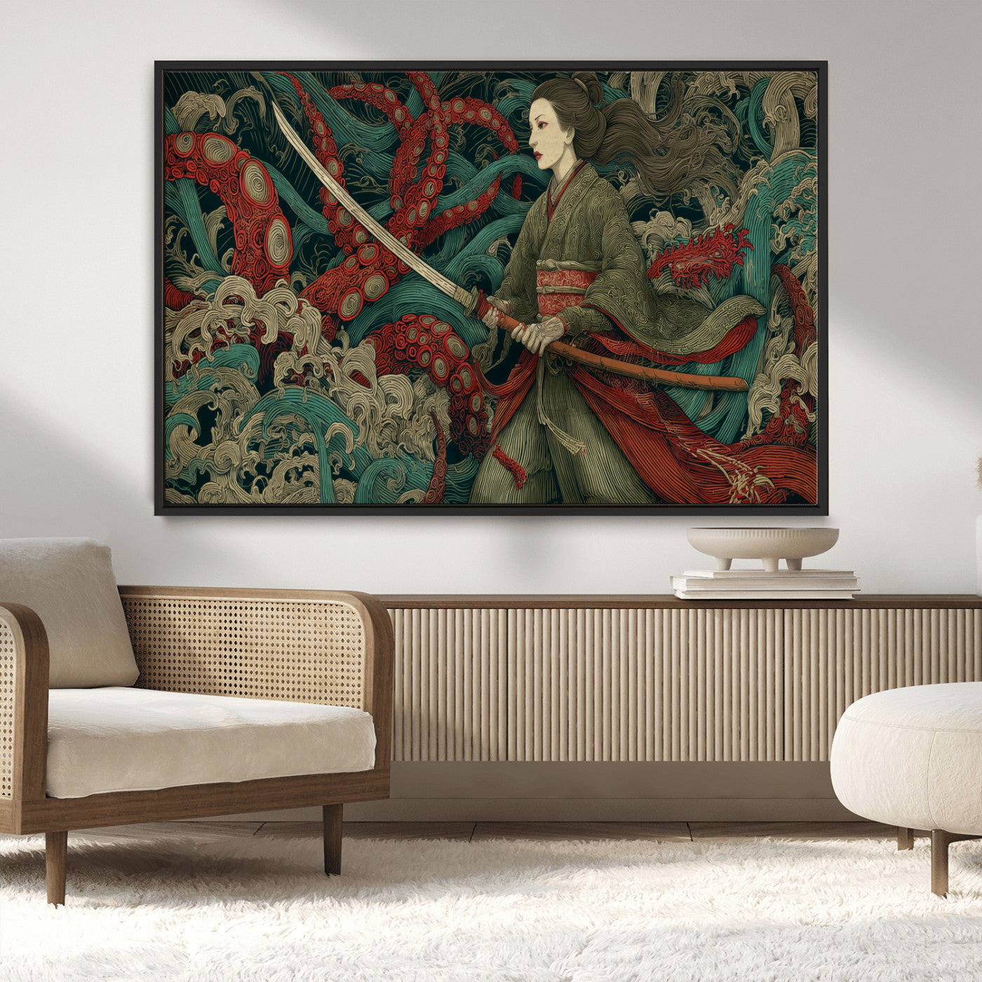18902796-MGV-CV-36X24-Samurai Woman vs Octopus Wall Art – Japanese Ukiyo-e Green Kimono Canvas Print, Ocean Battle Scene Artwork for Living Room,