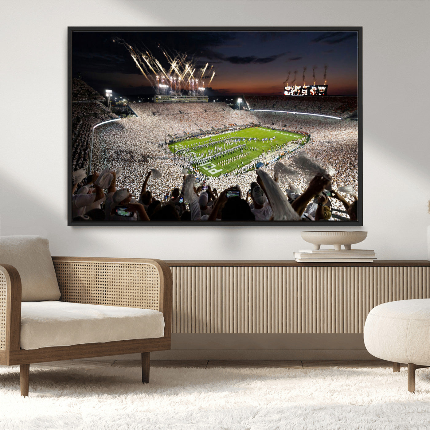 Penn-MGV-CV-36X24-Football Stadium Wall Art – Panoramic Night Game Canvas Print, Packed Crowd with Fireworks, Sports Decor for Office, Man Cave, Bar