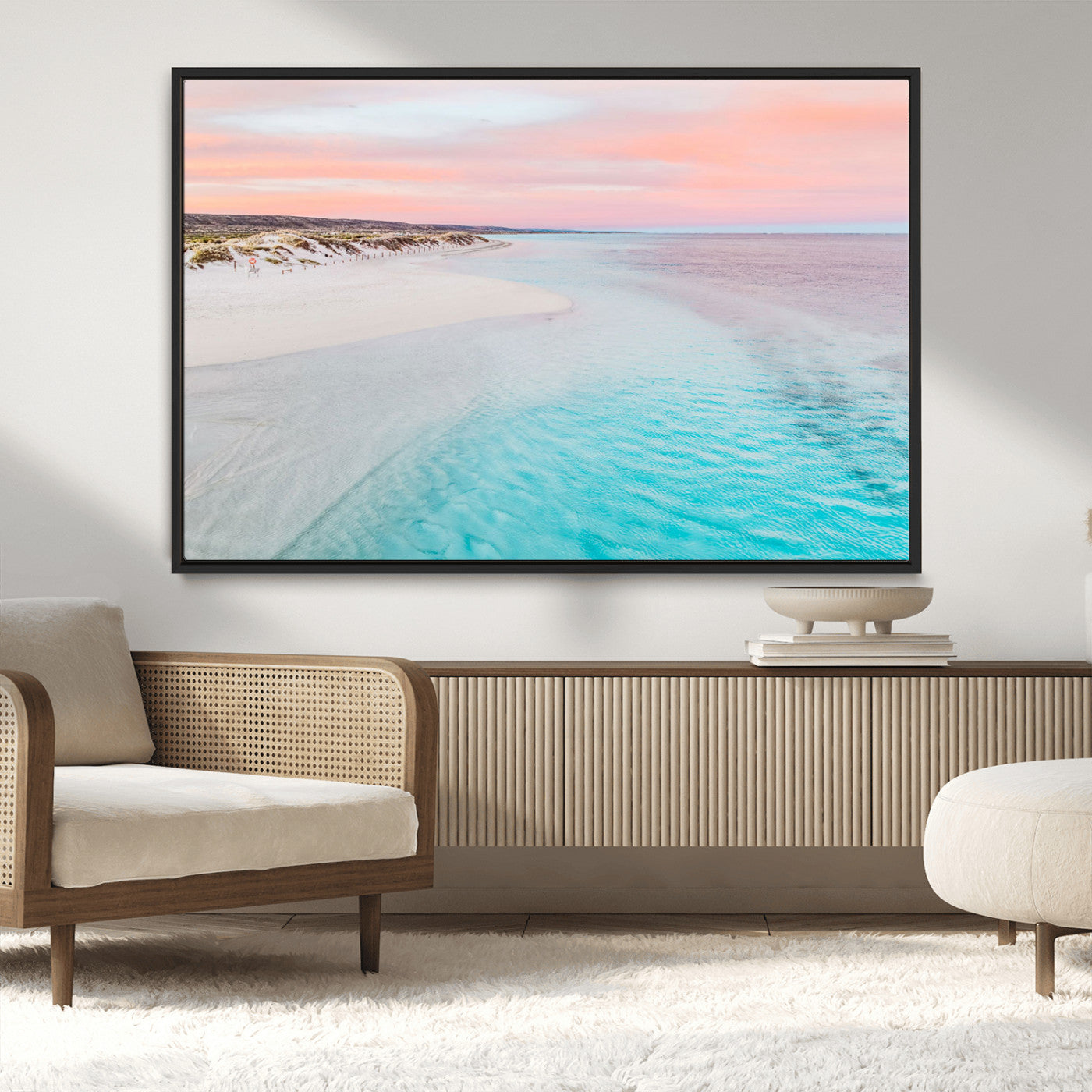 41613614-MGV-CV-36X24-Beach Sunset Wall Art – Pastel Ocean Canvas Print, Turquoise Water and Pink Sky Photography Decor for Bedroom, Living Room, Office