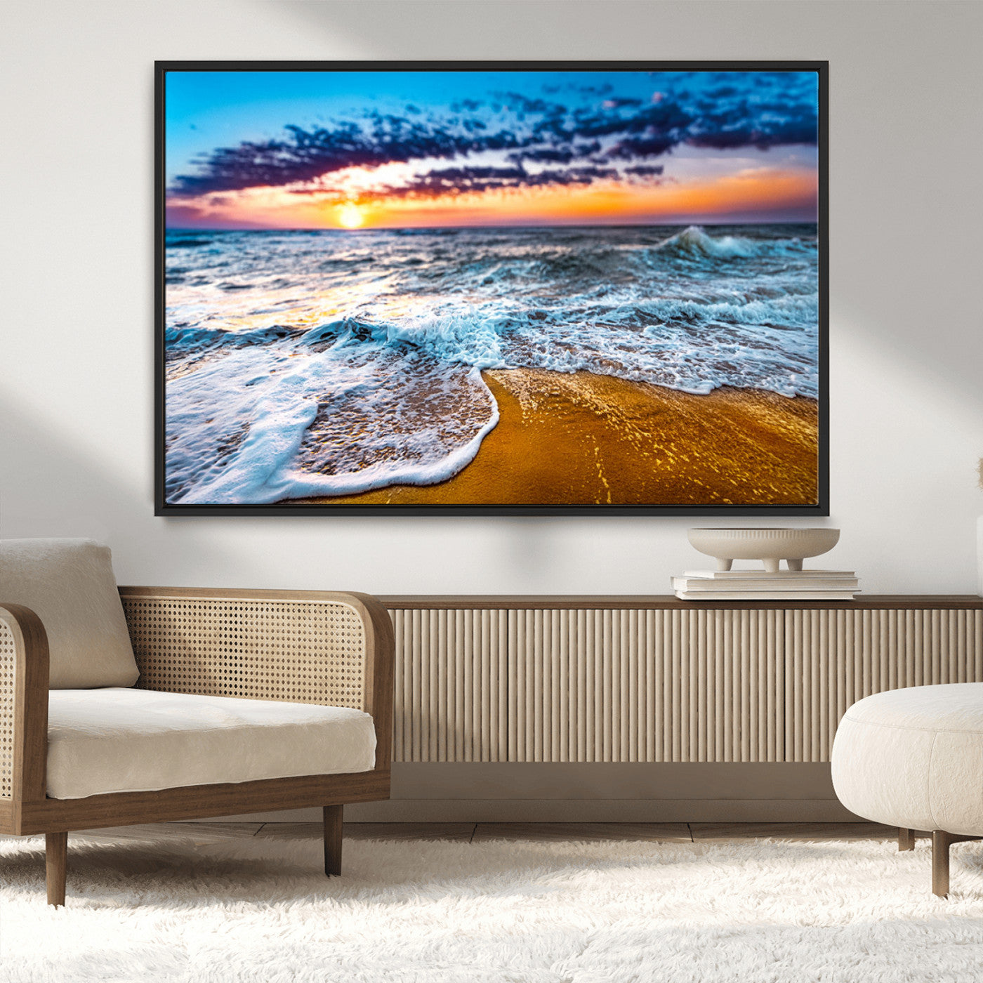24077769-MGV-CV-36X24-Sunset Beach Wall Art – Ocean Waves Canvas Print, Golden Shoreline Photography Coastal Decor for Living Room, Bedroom, Office,