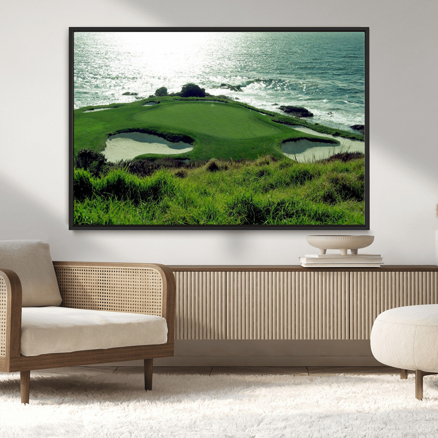 48473947-MGV-CV-36X24-Ocean Golf Course Wall Art – Panoramic Green Fairway Canvas Print, Coastal Golf Landscape Photography Sports Decor for Office, Man