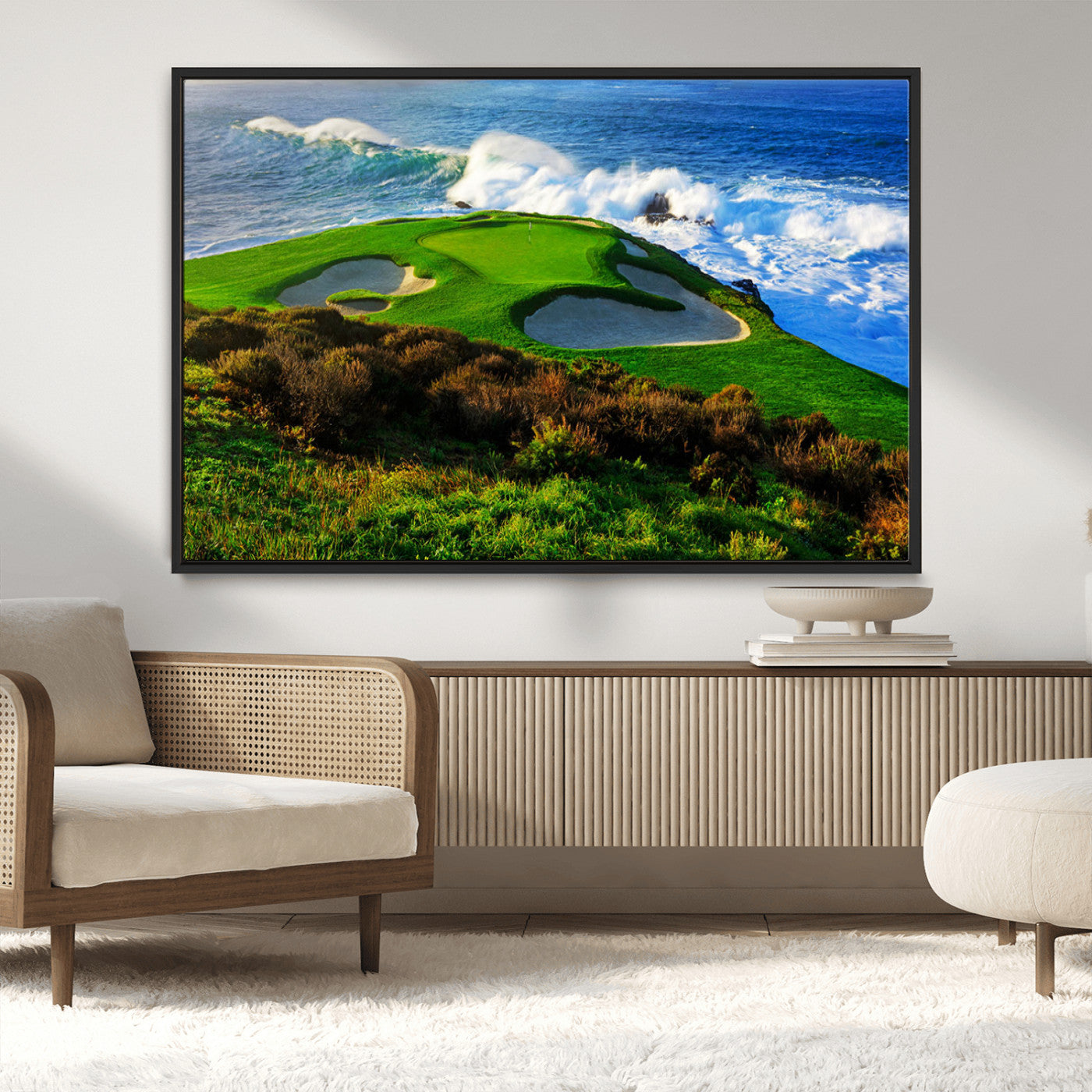 34181847-MGV-CV-36X24-Coastal Golf Course Wall Art – Panoramic Ocean Fairway Canvas Print, Scenic Sports Photography Decor for Office, Man Cave, Living
