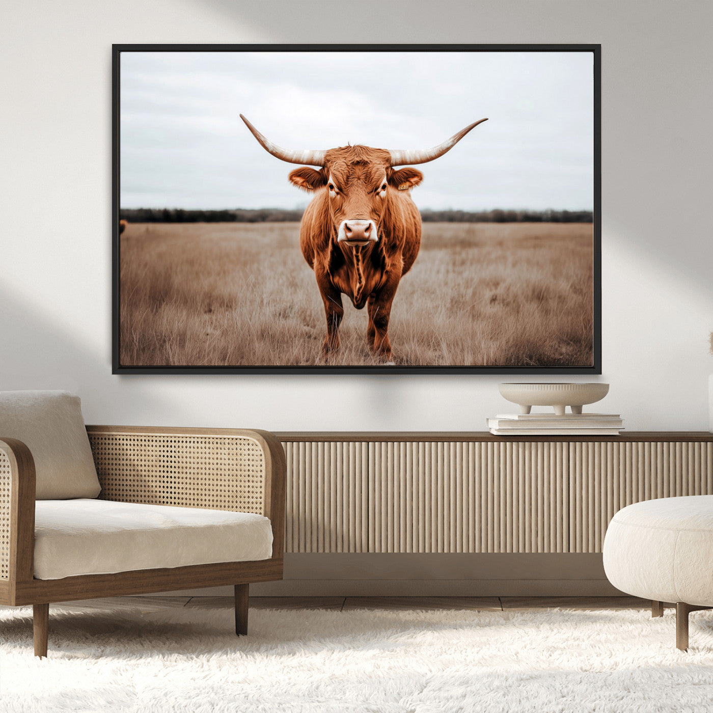 16316734-MGV-CV-36X24-Texas Longhorn Wall Art – Rustic Bull Portrait Canvas Print, Western Farmhouse Animal Photography Decor for Living Room, Office,