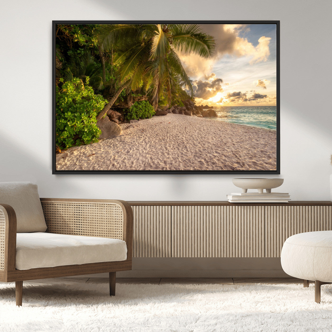 89531159-MGV-CV-36X24-Tropical Beach Sunset Canvas Wall Art – Palm Trees Golden Sand Ocean Waves Coastal Paradise Print for Beach House Bedroom Bathroom
