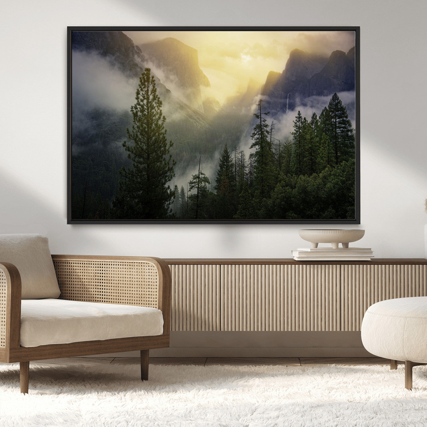 38316884-MGV-CV-36X24-Landscape Wall Art – Misty Mountain Valley Canvas Print, Scenic Pine Forest and Sunrise Photography Decor for Bedroom, Living