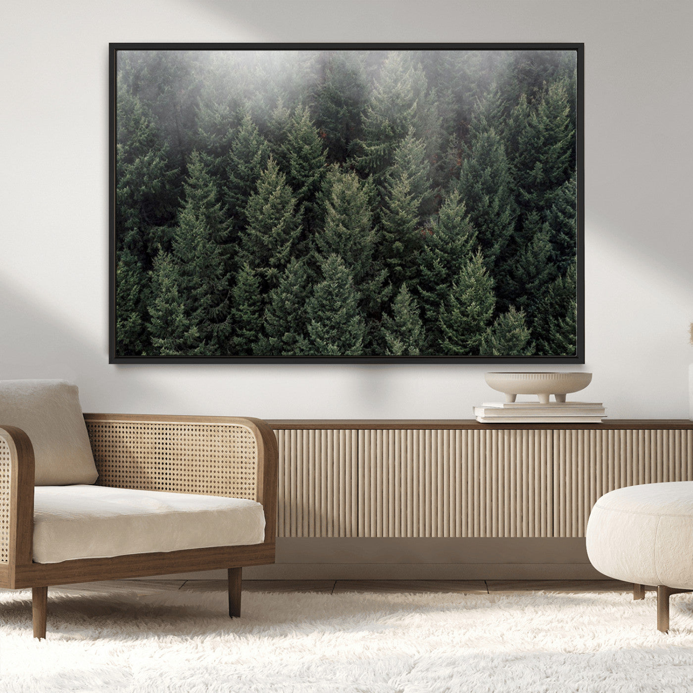 84059409-MGV-CV-36X24-Forest Wall Art – Misty Evergreen Trees Canvas Print, Tranquil Nature Photography Decor for Bedroom, Living Room, Office, Cabin or
