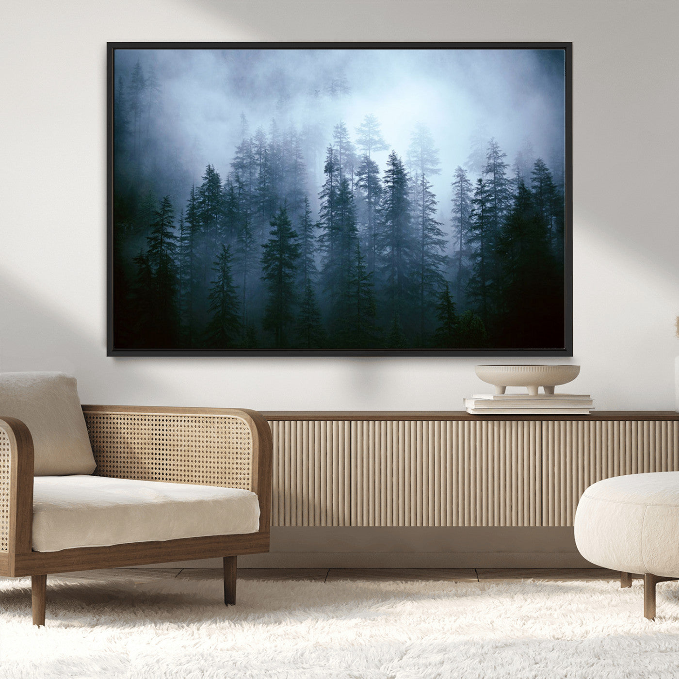 93439624-MGV-CV-36X24-Forest Wall Art – Misty Pine Trees Canvas Print, Moody Nature Photography Decor for Bedroom, Living Room, Office, Cabin, Lodge or