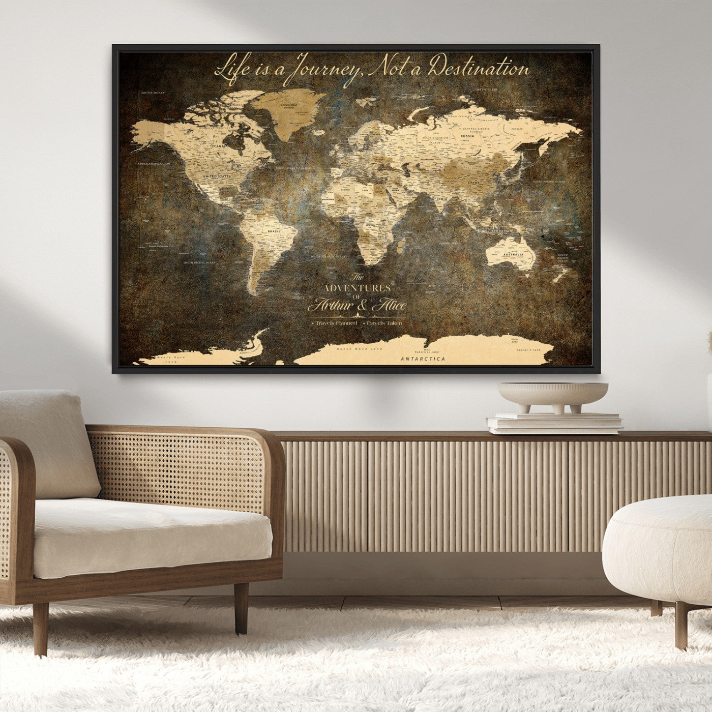 13394308-MGV-CV-36X24-Personalized World Map Wall Art – Dark Rustic Vintage Adventure Travel Map with Custom Couple Names, Timeless Wall Decor for Home