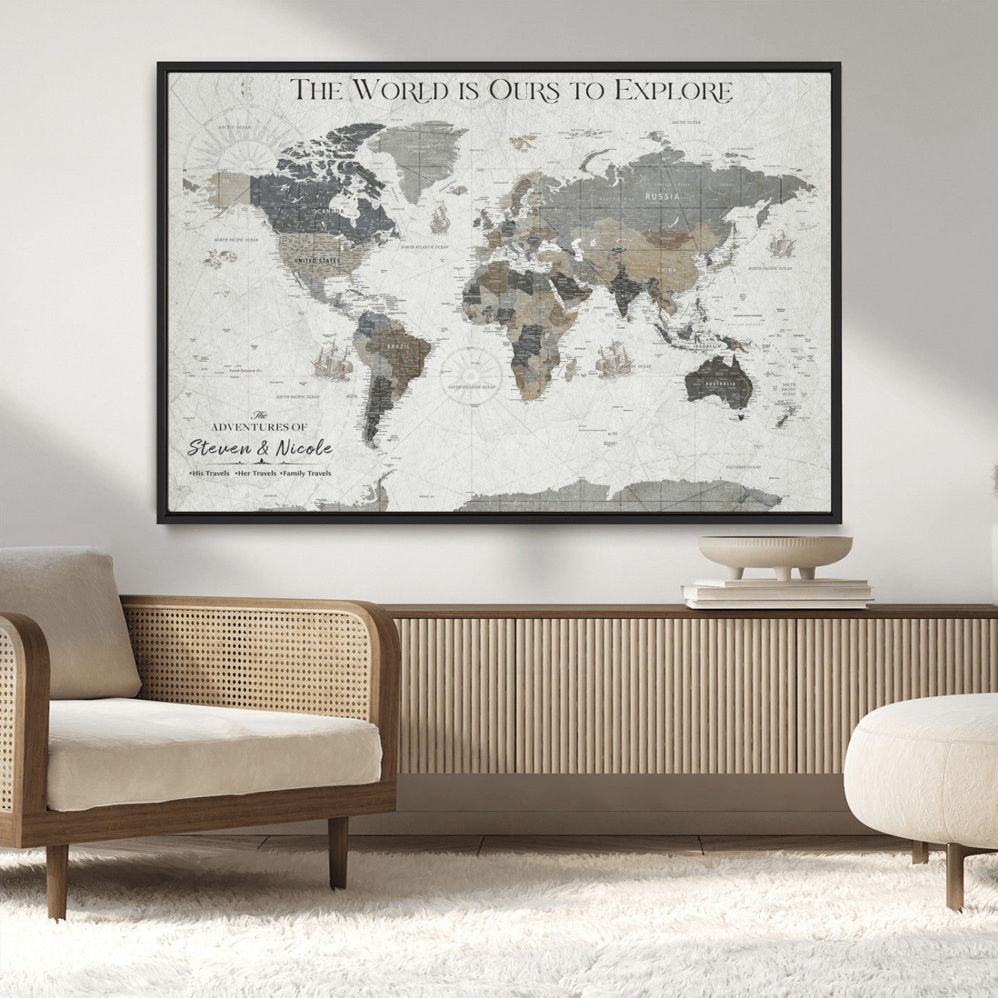 97082026-MGV-CV-36X24-Personalized World Map Wall Art – Vintage Gray Adventure Travel Map with Custom Couple or Family Names, Rustic Wall Decor for Home