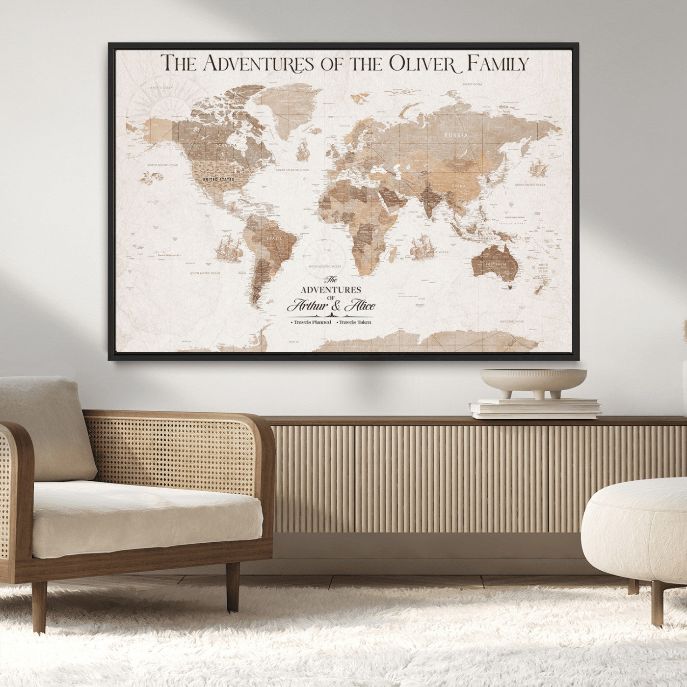 43869621-MGV-CV-36X24-Personalized World Map Wall Art – Light Beige Sepia Adventure Travel Map with Custom Family or Couple Names, Rustic Wall Decor for