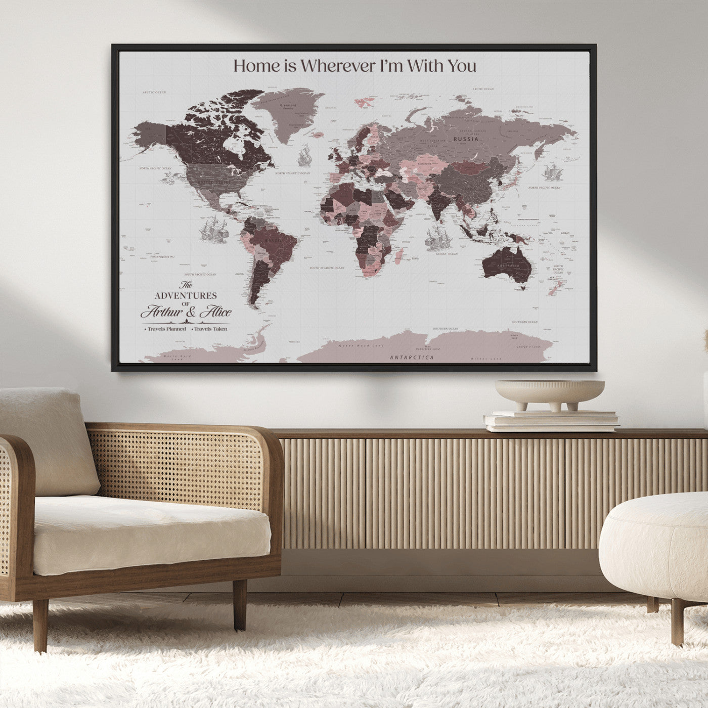 33204797-MGV-CV-36X24-Personalized World Map Wall Art – Burgundy & Grey Adventure Travel Map with Custom Names, Romantic Wall Decor for Couples, Home or