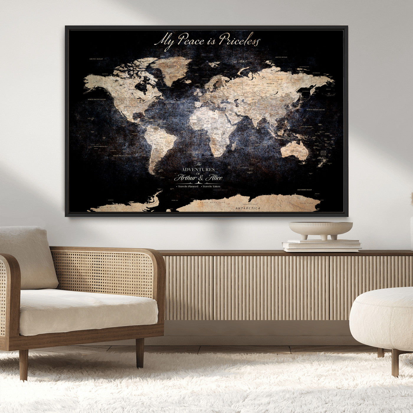 51488142-MGV-FC-36X24_Black-Personalized World Map Wall Art – Dark Rustic Adventure Travel Map with Custom Names, Vintage Wall Decor for Couples, Families or