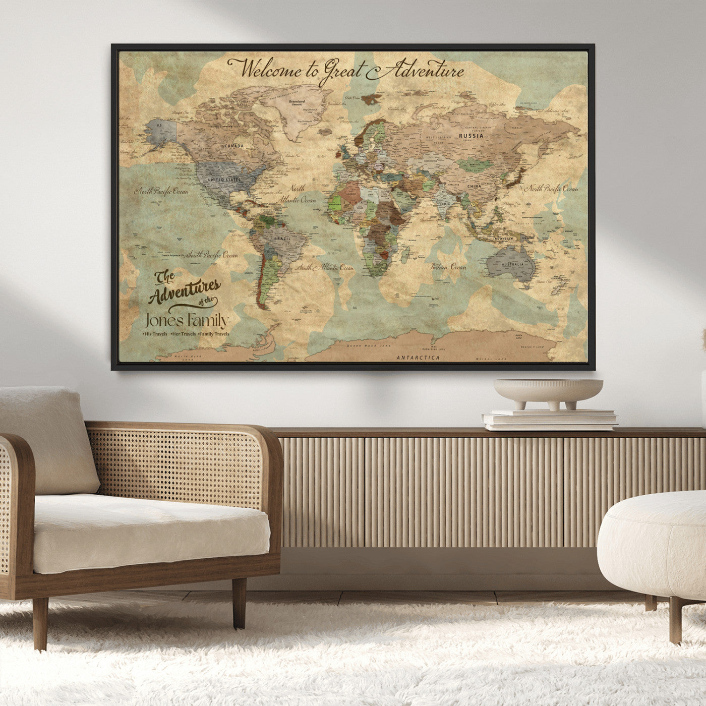 32019746-MGV-CV-36X24-Personalized World Map Wall Art – Vintage Camo Adventure Travel Map with Custom Family Names, Rustic Wall Decor for Couples, Home