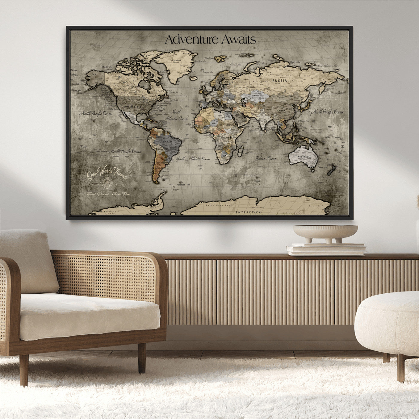 72658967-MGV-CV-36X24-Personalized World Map Wall Art – Adventure Awaits Rustic Sepia Travel Map with Custom Names, Vintage Wall Decor for Couples, Home
