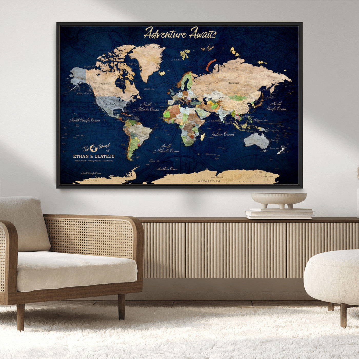 80965072-MGV-CV-36X24-Personalized World Map Wall Art – Adventure Awaits Navy Blue Travel Map with Custom Names, Rustic Vintage Wall Decor for Couples,