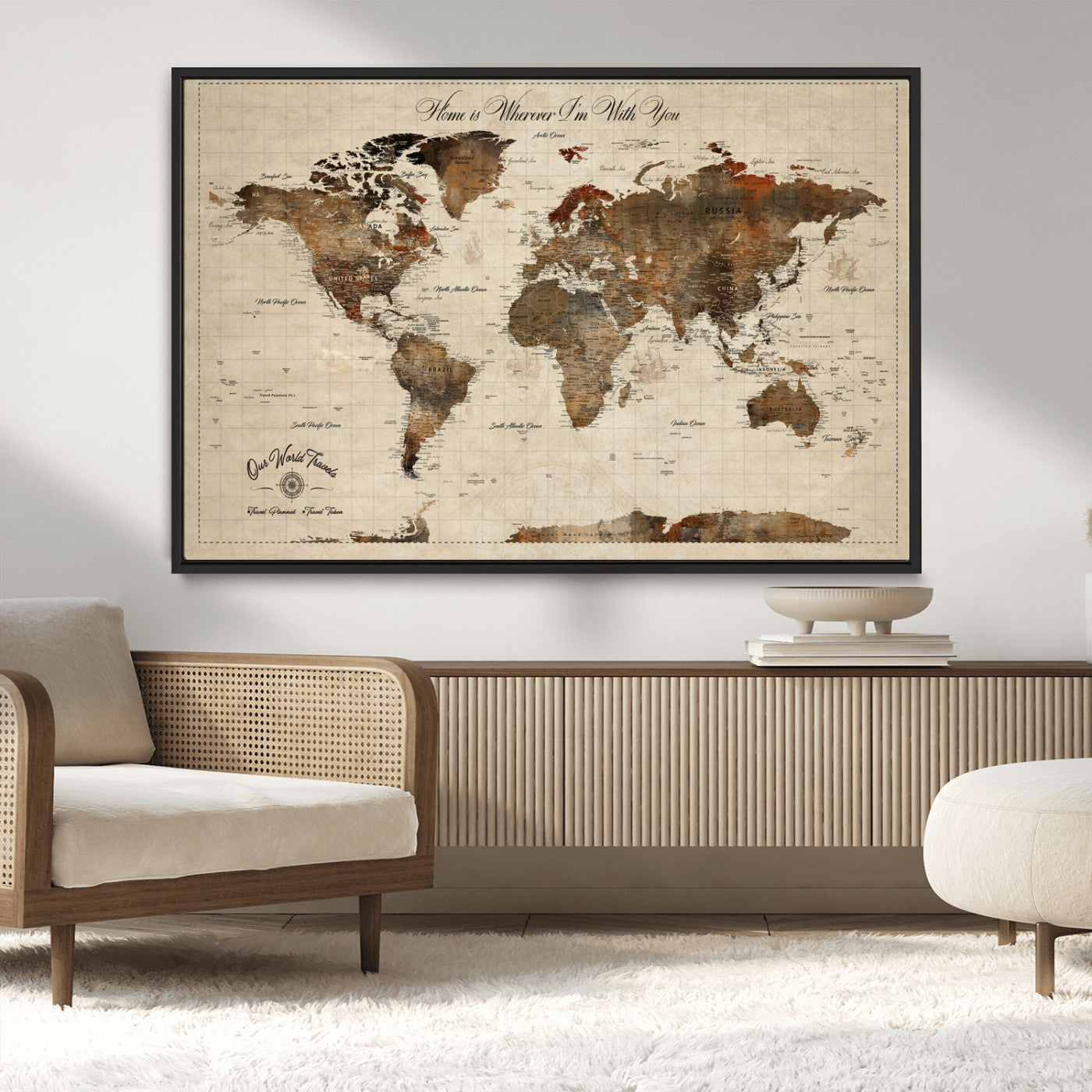 48225643-MGV-FC-36X24_Black-Personalized World Map Wall Art – Rustic Vintage Adventure Travel Map with Custom Couple Names, Romantic Wall Decor for Home or