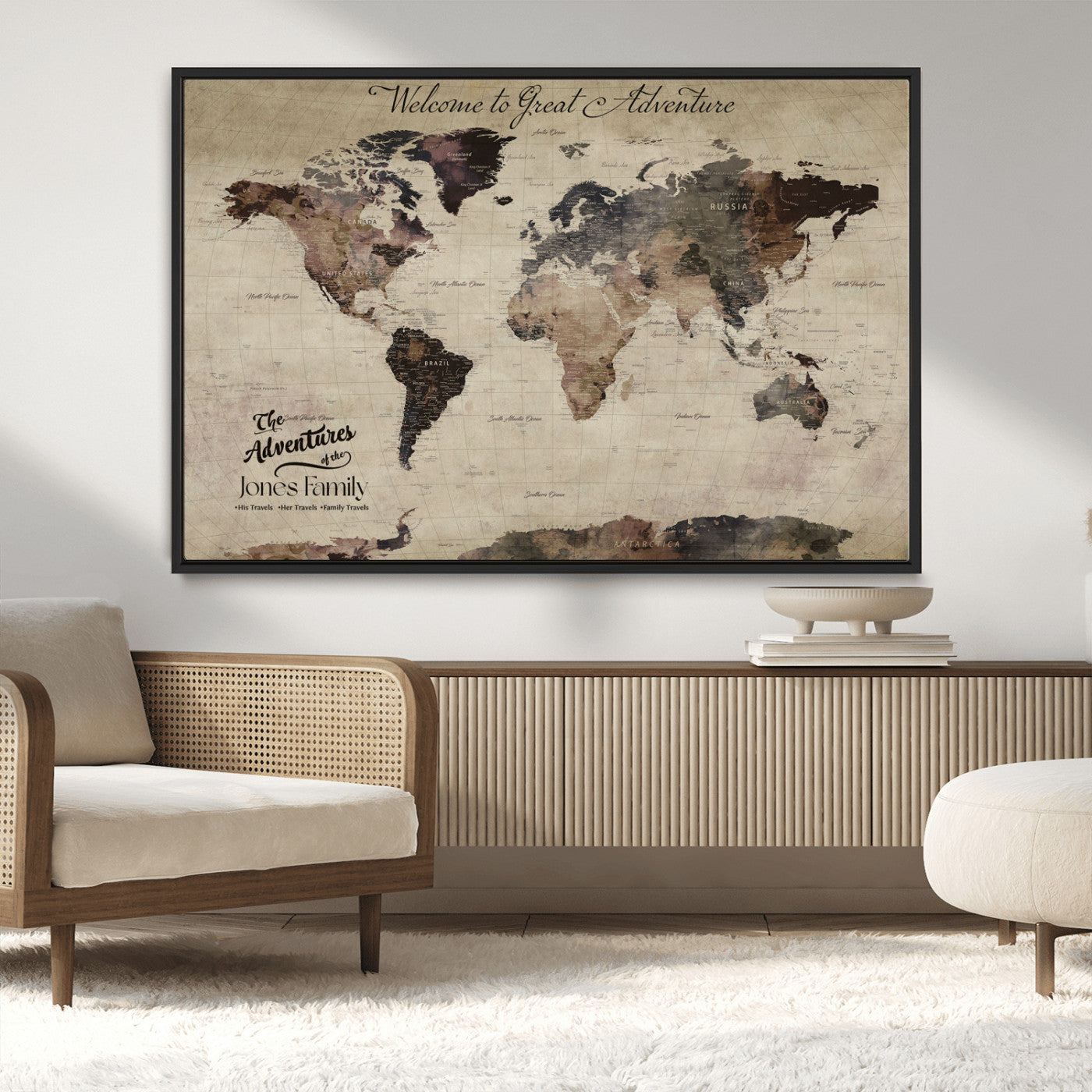 78610079-MGV-CV-36X24-Personalized World Map Wall Art – Vintage Rustic Travel Map with Custom Family Name, Adventure Wall Decor for Home, Family Gift or