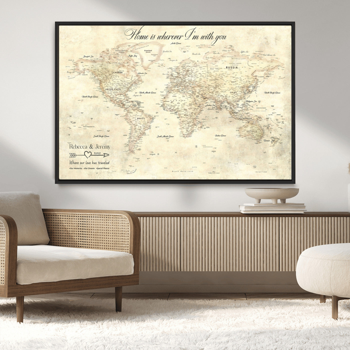 57950315-MGV-CV-36X24-Personalized World Map Wall Art – Vintage Beige Travel Map with Custom Names, Romantic Anniversary Gift for Couples, Adventure