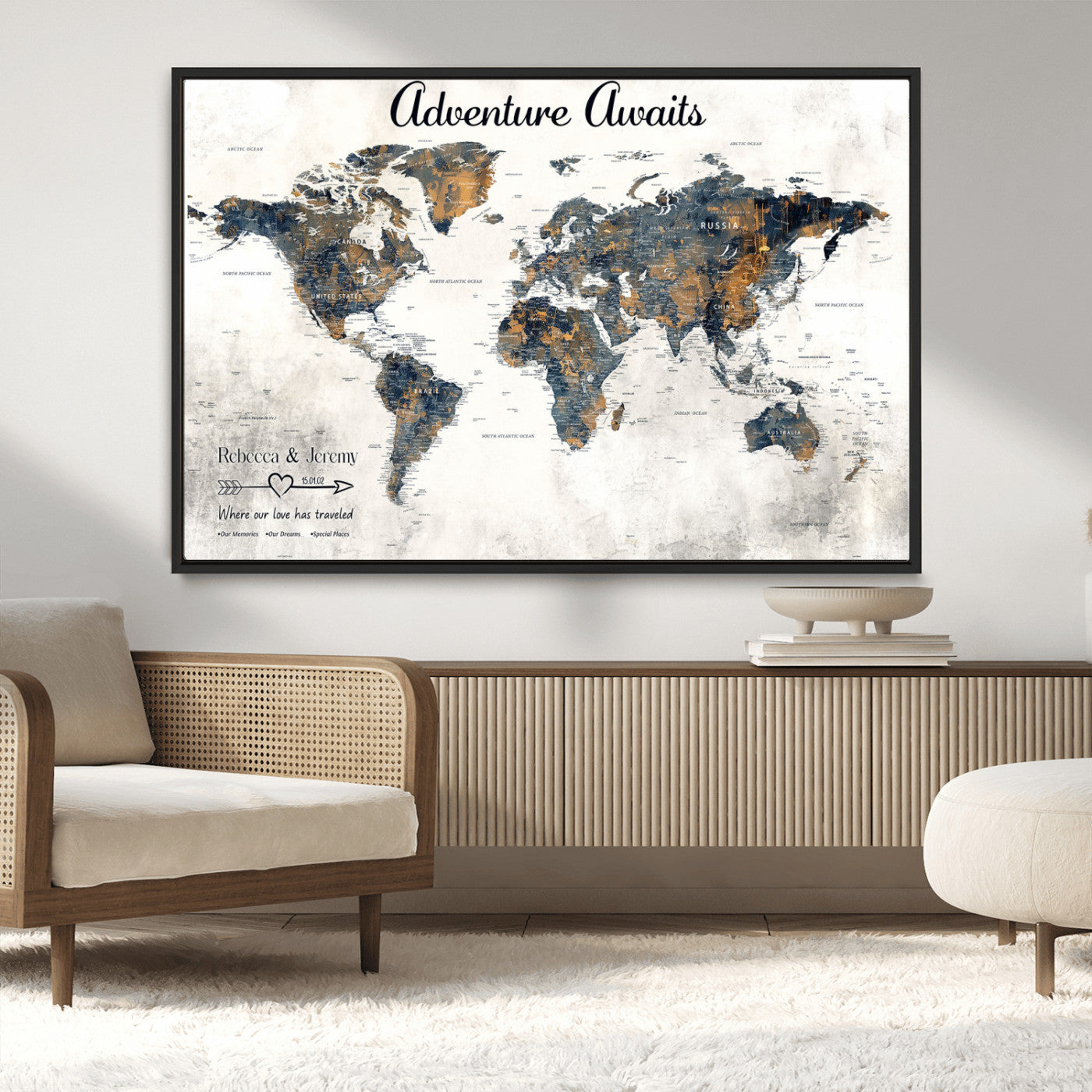 11751559-MGV-CV-36X24-Personalized World Map Wall Art – Elegant Adventure Travel Tracker Map for Couples & Families, Push Pin Canvas Poster Decor for Home, Office