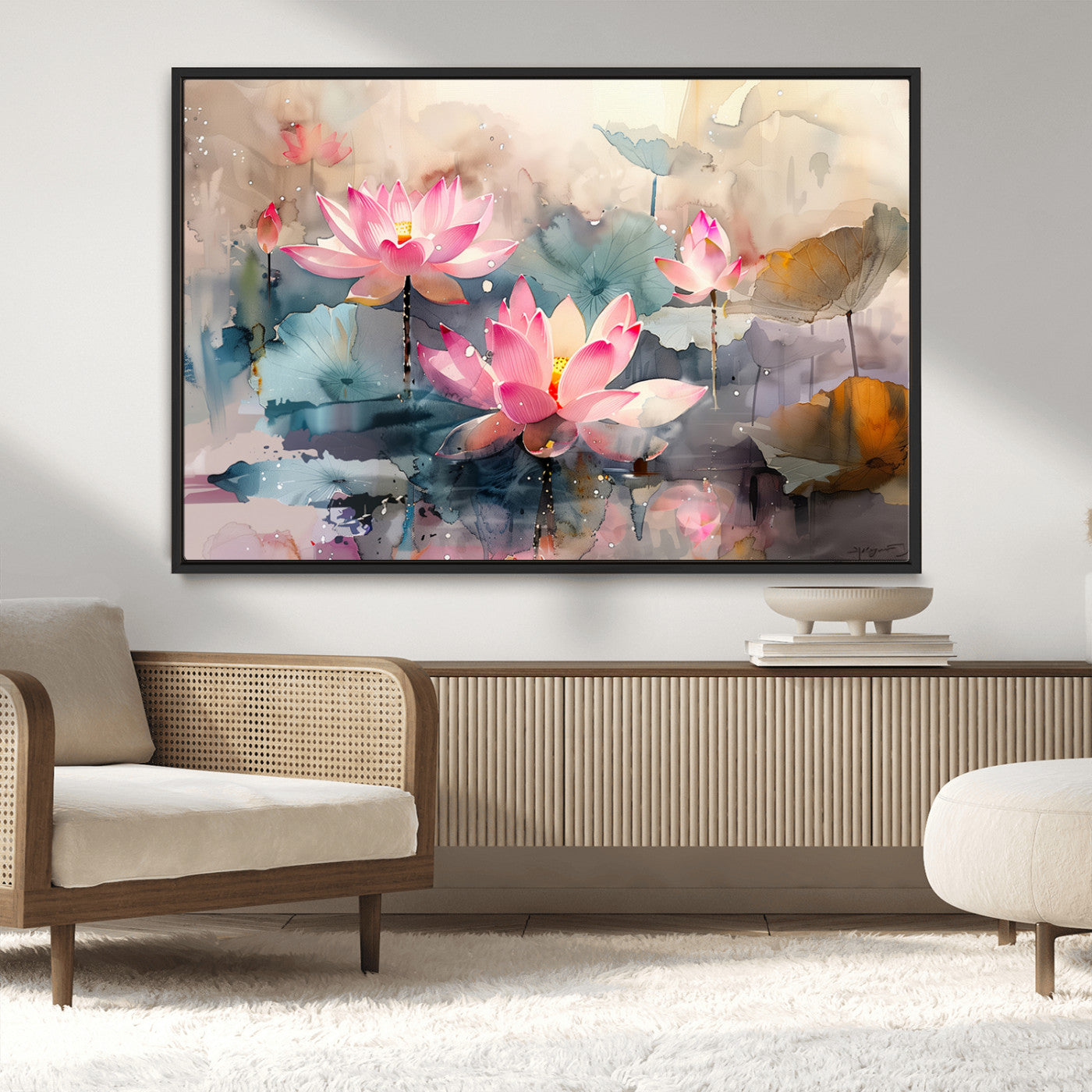 18414-MGV-CV-36X24-Pink Lotus Wall Art Canvas Print, Framed Water Lily Art Picture Print, Dreamy Floral Perfect Dreamy Botanical Decor Artwork