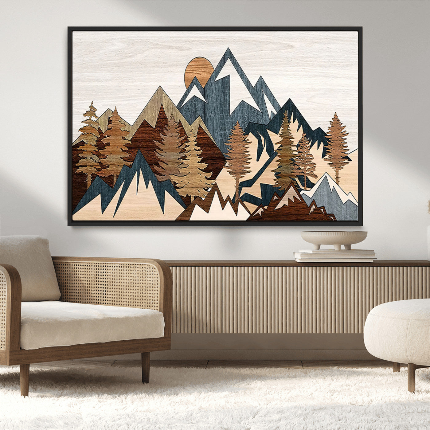 80300-MGV-CV-36X24-Geometric Mountains Wall Art Canvas Print, Framed Stylized Trees Art Picture Print, Graphic Forest Perfect Rustic Abstract Decor