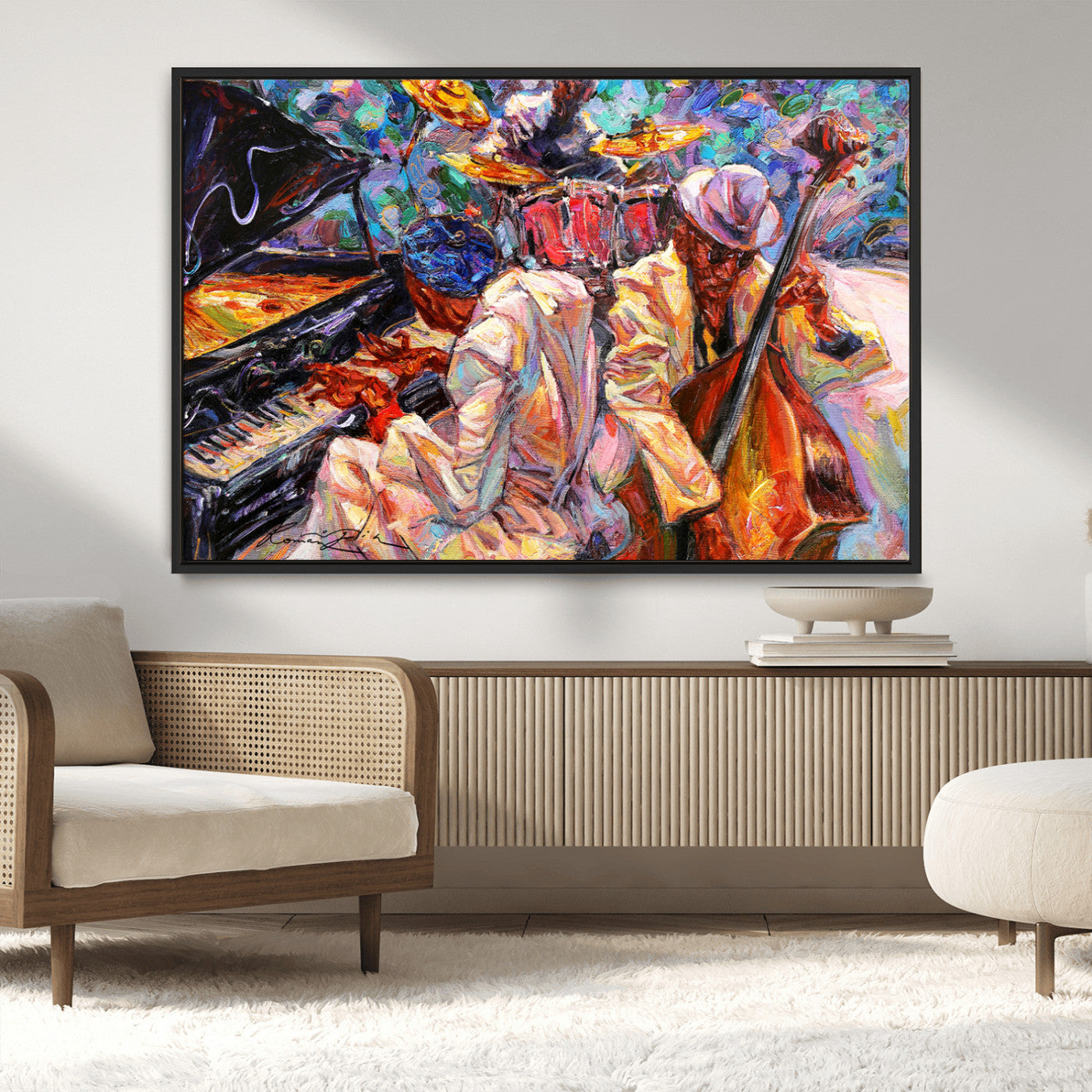 13675-MGV-FC-36X24_Black-Jazz Band Wall Art Canvas Print, Framed Jazz Oil Painting Art Picture Print, Vibrant Music Perfect Abstract Musical Decor Artwork