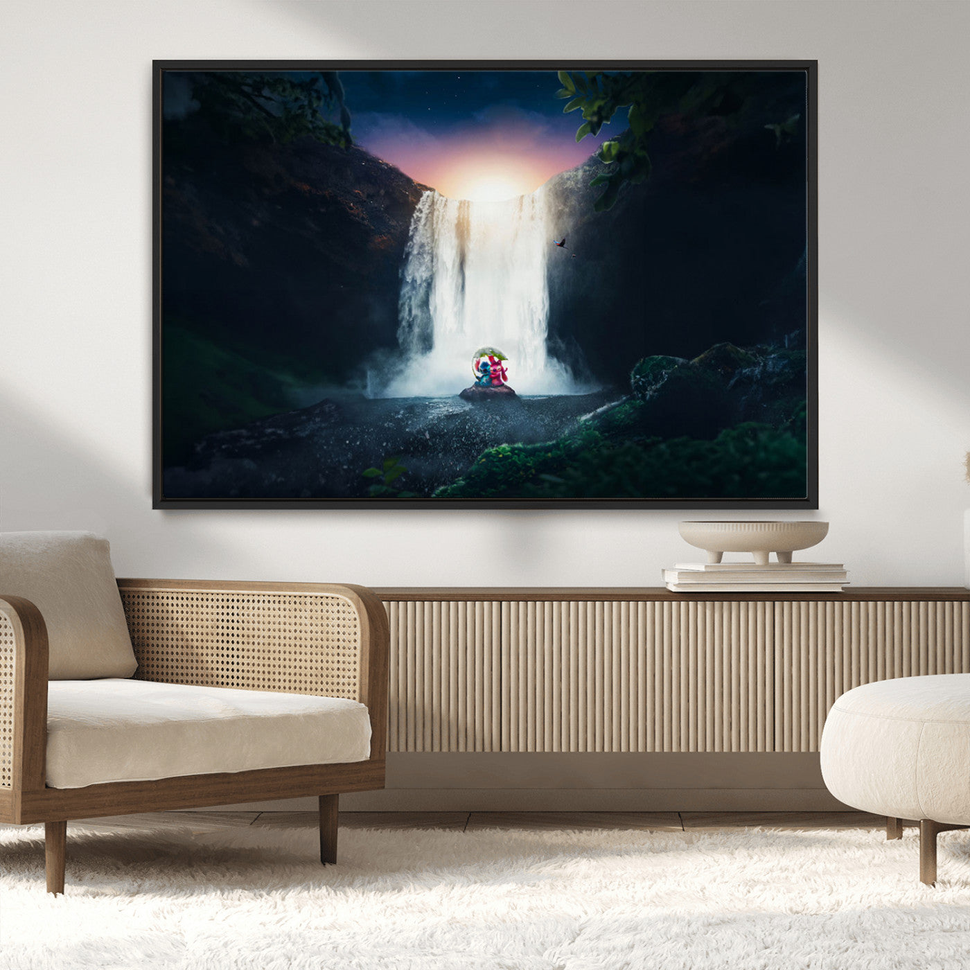 56359-MGV-CV-36X24-Lilo Stitch Wall Art Canvas Print, Framed Stitch Angel Art Picture Print, Cartoon Waterfall Perfect Tropical Fantasy Decor Artwork
