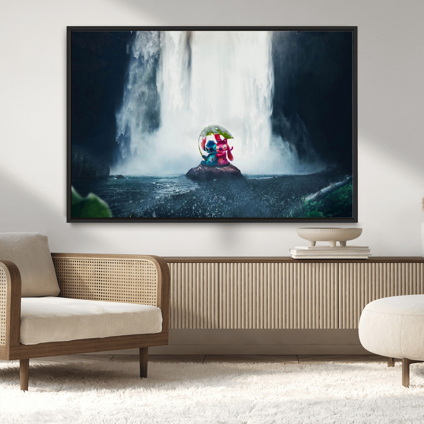 32259-MGV-CV-36X24-Stitch Angel Wall Art Canvas Print, Framed Stitch Waterfall Art Picture Print, Cartoon Couple Perfect Moody Fantasy Decor Artwork