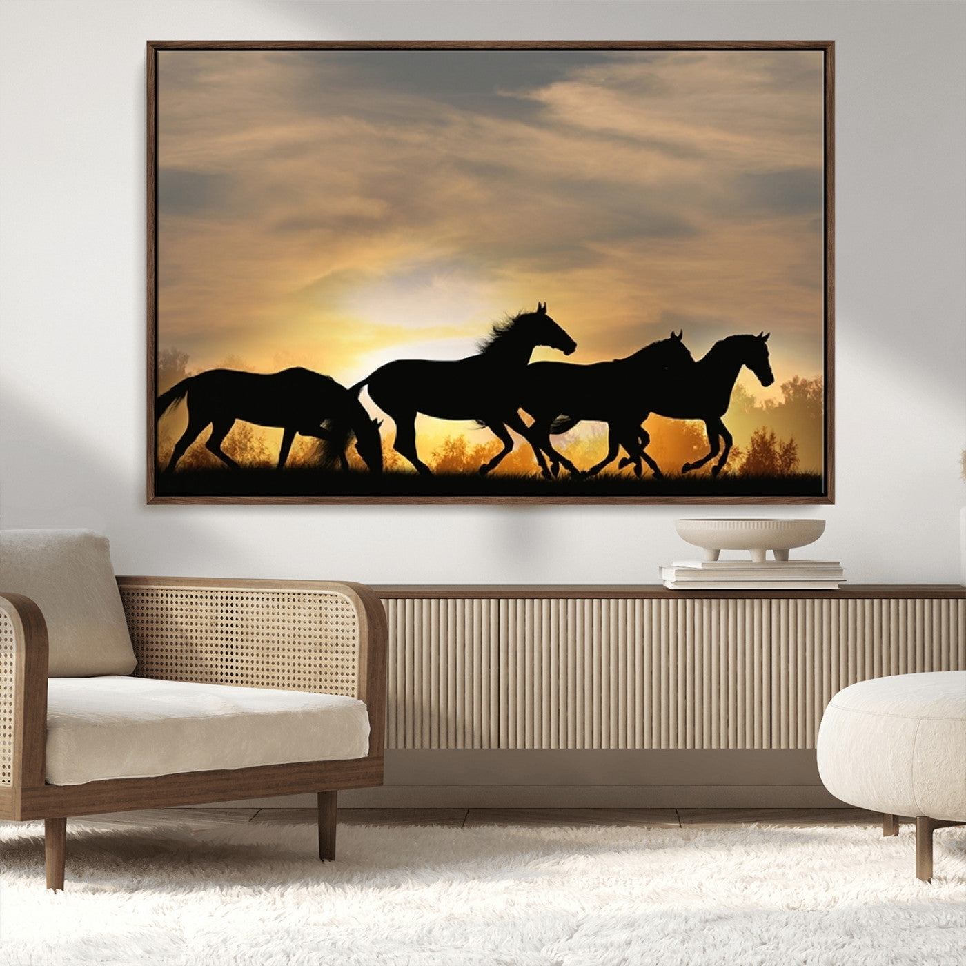 16620-MGV-CV-36X24-Sunset Stallions Wall Art – Silhouetted Horses Running Canvas Print, Nature’s Rhythm, Perfect for Living Room, Office, or Man Cave