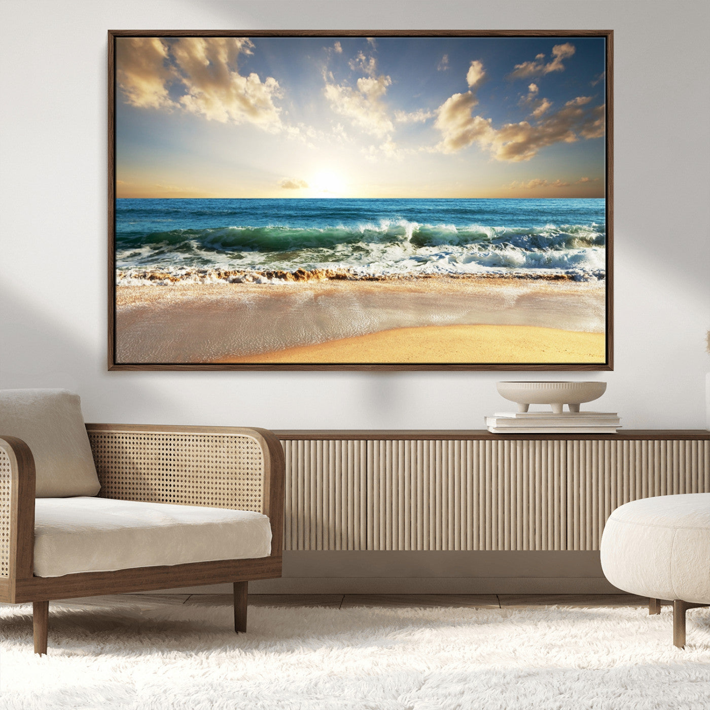 13139-MGV-CV-36X24-Sunrise Beach Wall Art – Ocean Waves and Golden Sand Canvas Print, Coastal Home Decor for Living Room, Bedroom, or Office