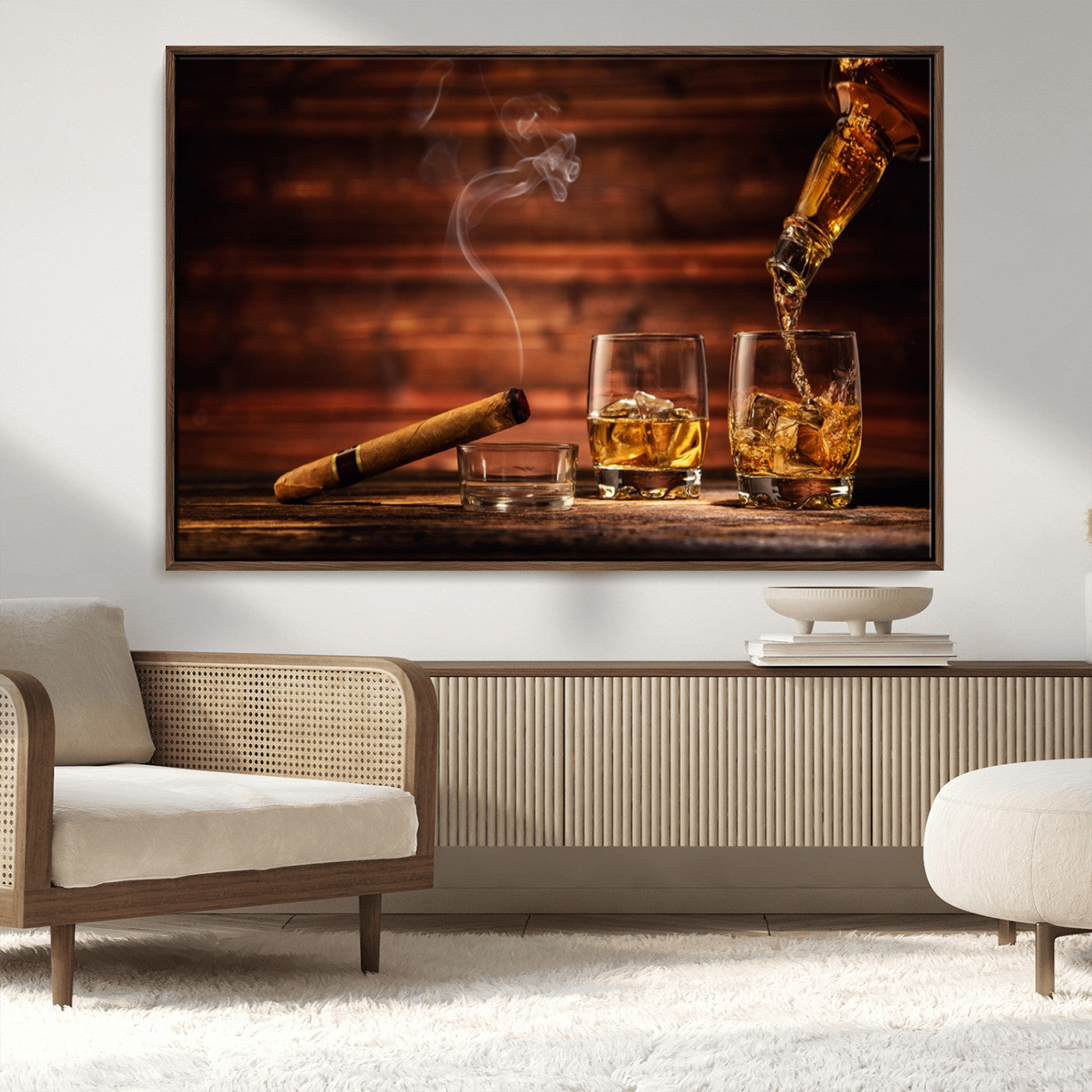 91042-MGV-FC-36X24_Walnut-Whiskey & Cigar Wall Art – Elegant Whiskey Pour and Smoldering Cigar Canvas Print, Sophisticated Bar or Lounge Decor for Home,